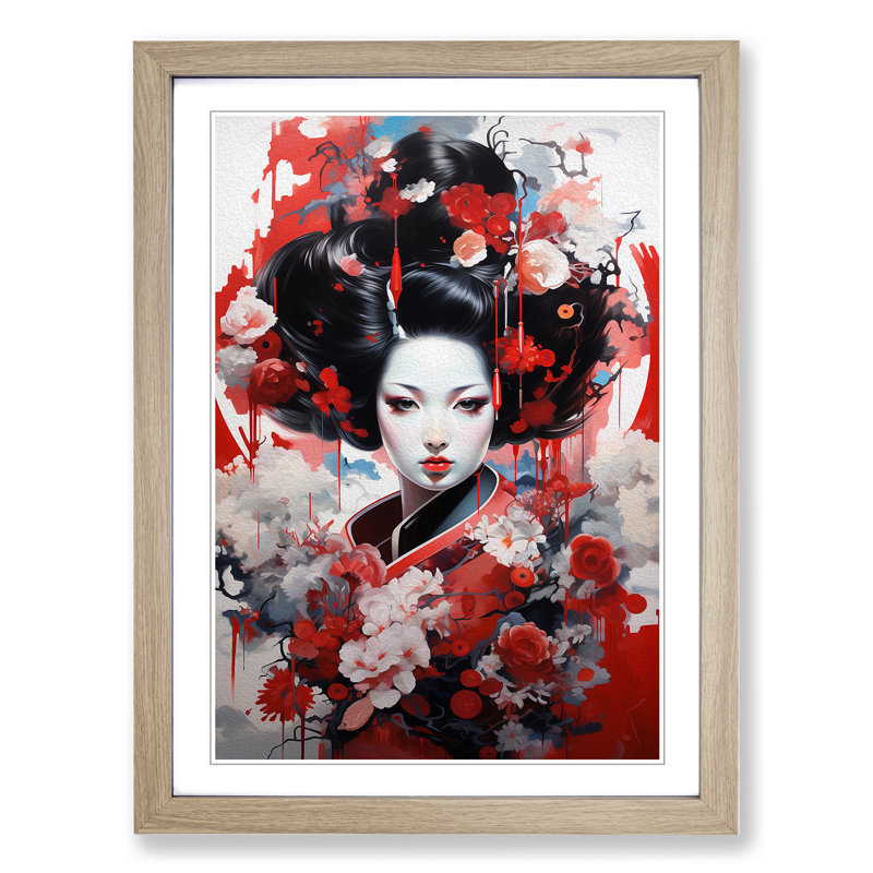Geisha Neo Plasticism Art - Framed Print, 46cm H x 34cm W, Oak Framed