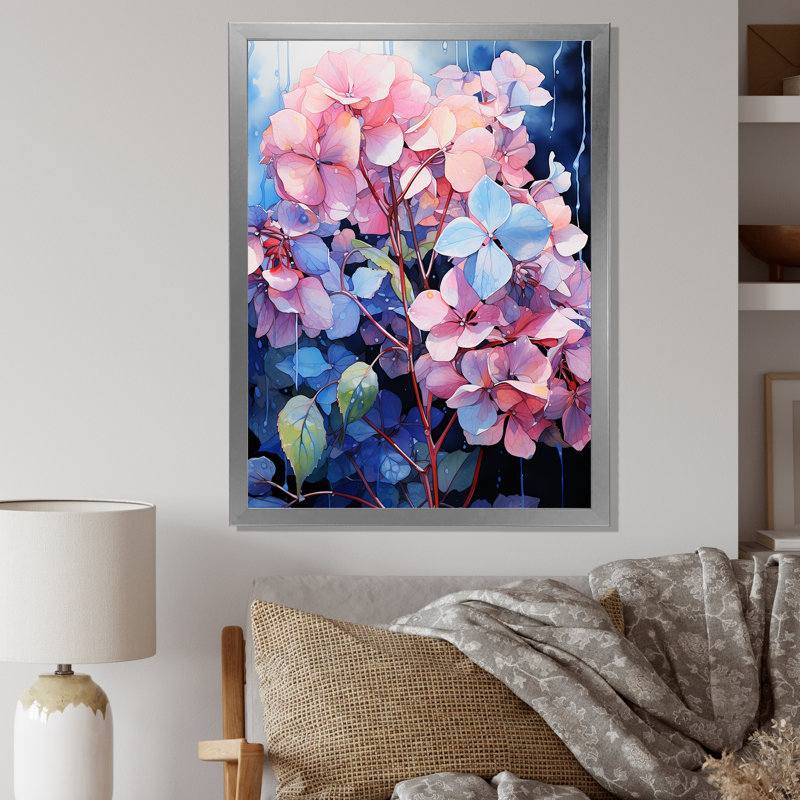 Hortensias bleus et mauves I, H 44 po x l 34 po x P 1,5 po, Cadre photo argenté