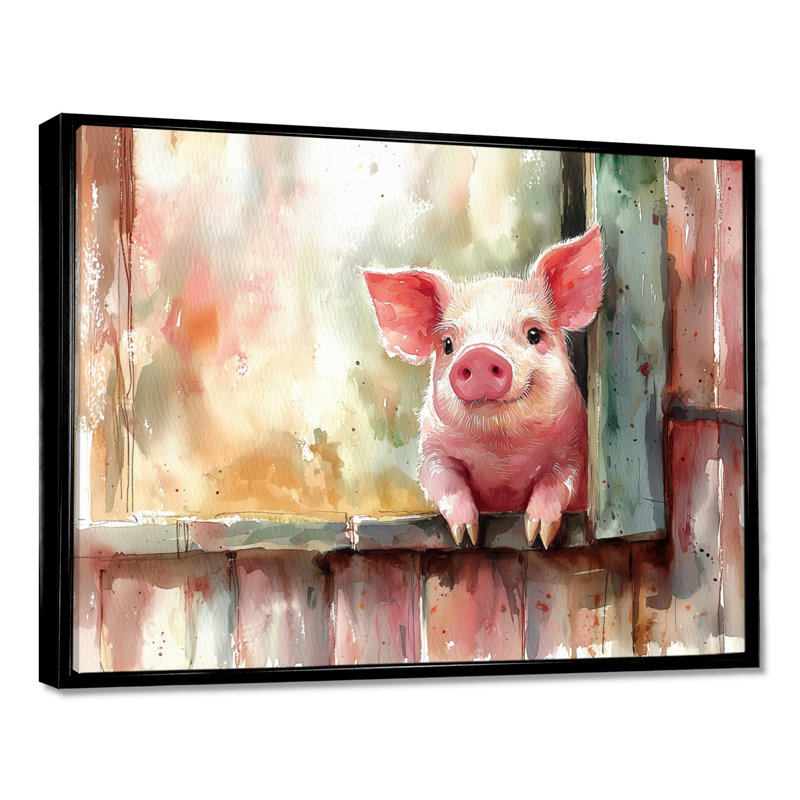 «Cute Pig Portrait At The Barn I» - animaux, art mural, H 30 po x l 40 po, Cadre flottant noir