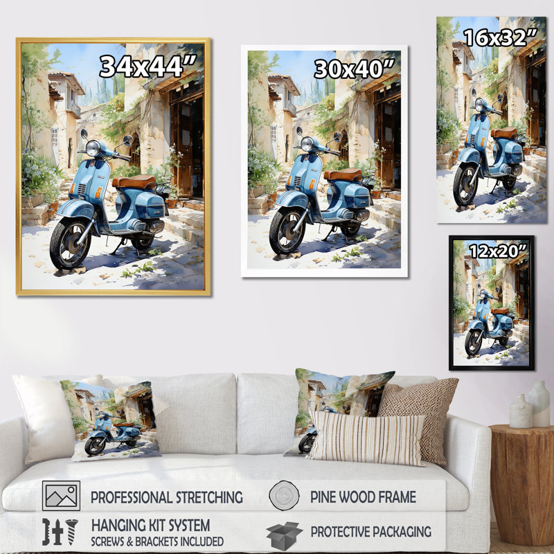 «Blue Urban Scooter Vibes» sur toile, H 32 po x l 24 po x P 1 po, Cadre doré simple