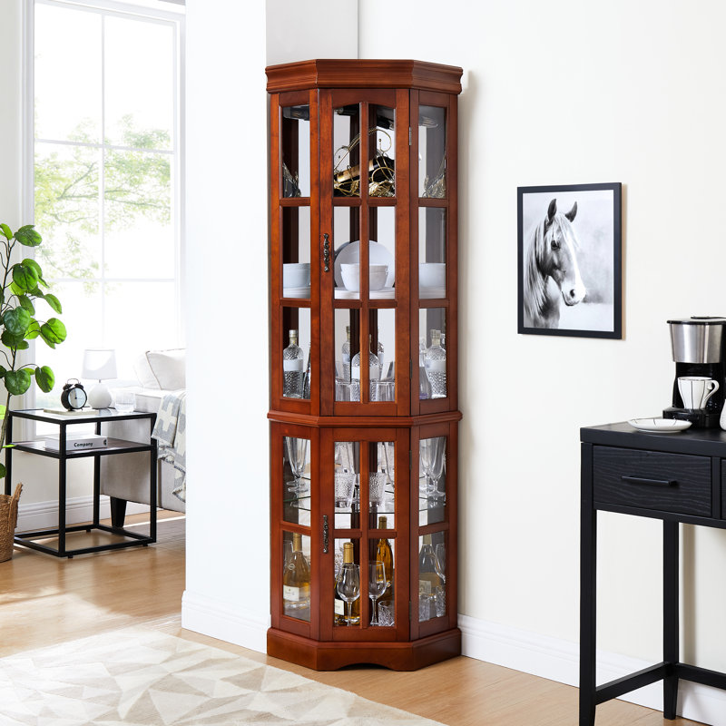 Vitrine de coin en noyer avec 5 tablettes et éclairage à corrosion