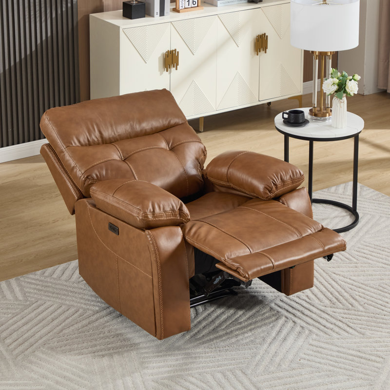 37" Wide Classic Top-Grain Leather Power Recliner with USB Port, Adjustable Reclining & Hidden Cupholders