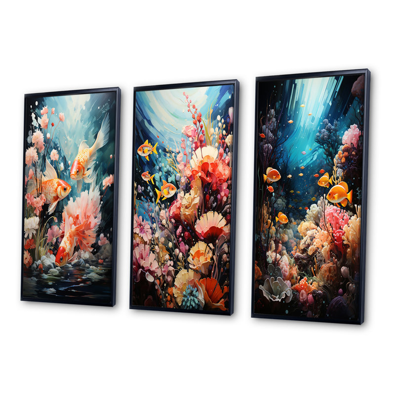 «Aquariums Enchanted Waters Pointillism», 3 pièces, Cadre noir, H 32 po x l 48 po