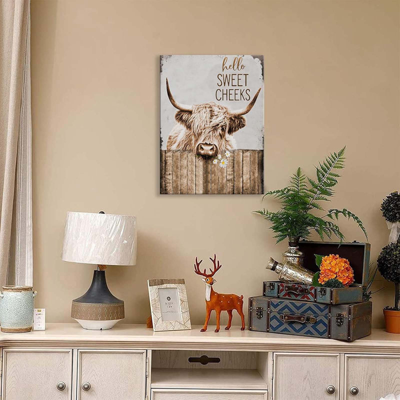 Highland Cow Bathroom Decor Wall Art Funny Rustic Cow Pictures Wall Decor Farmhouse Bathroom Country Cattle Painting Canvas Print Decorations Gifts For Office Bedroom Kitchen Dining Room Framed