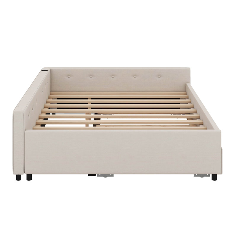 Upholstered Platform Bed With Trundle And USB, Queen