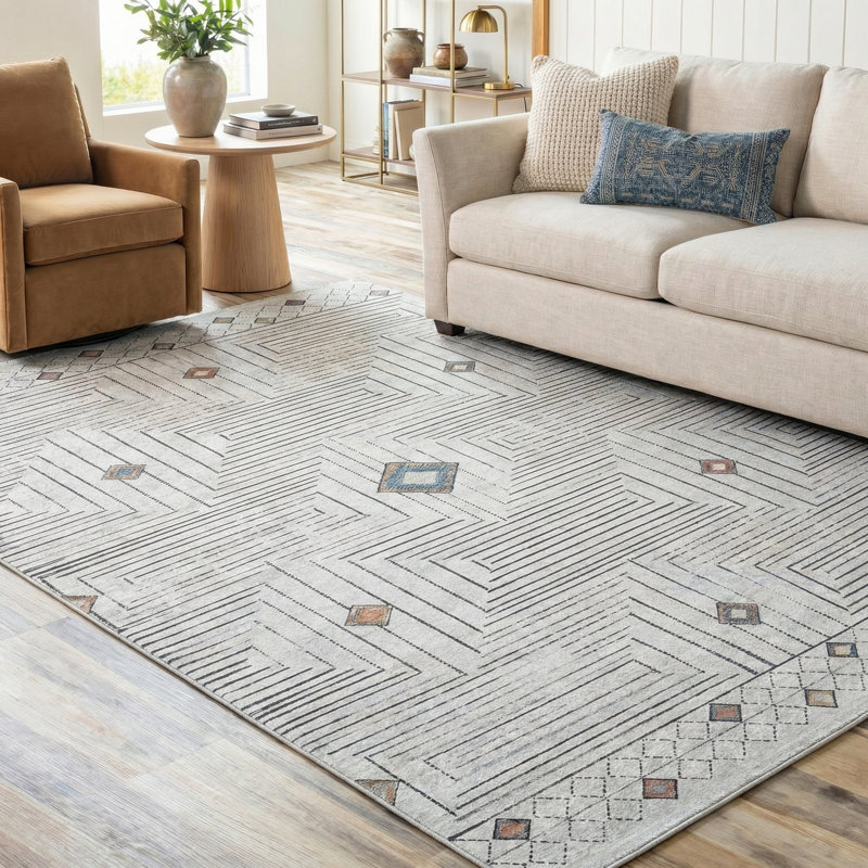 Tapis à motif géométrique blanc Thambiah, Tapis de couloir 2 pi 8 po x 6 pi 7 po