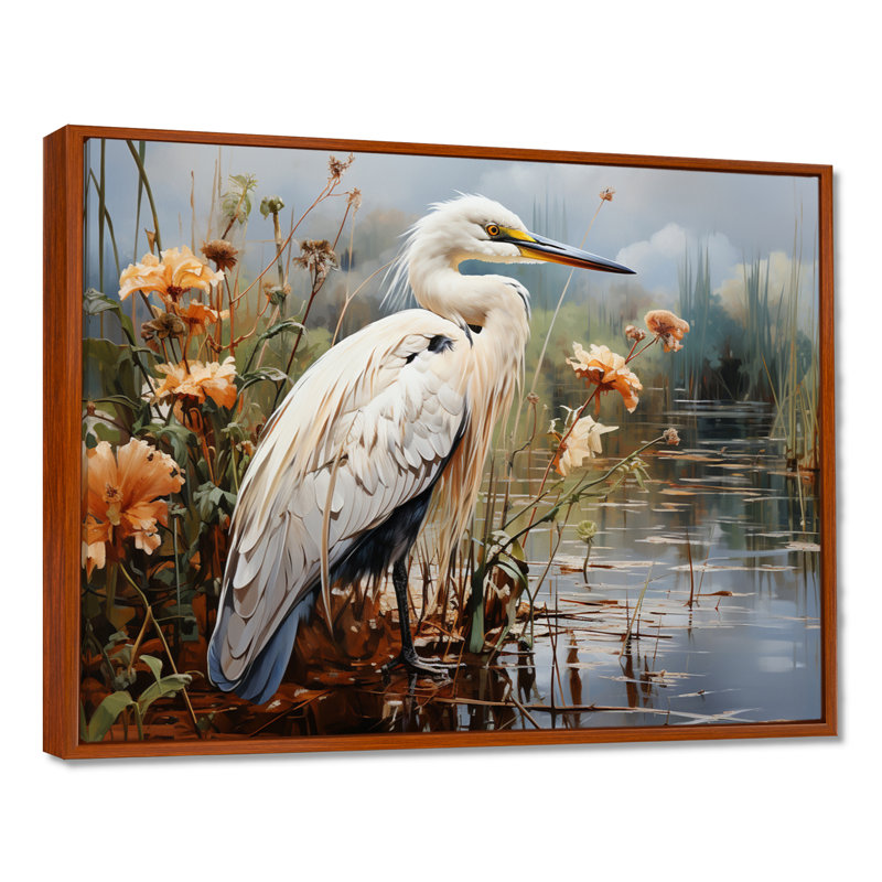 Héron pêche blanc, héron, art mural, H 24 po x l 32 po x P 1 po, Cadre flottant brun