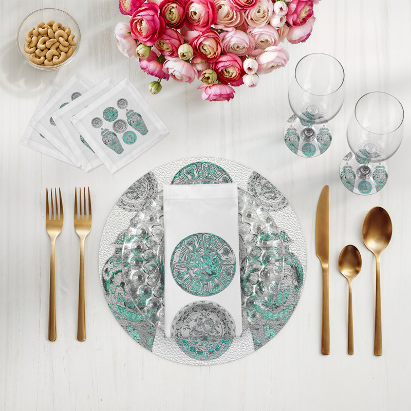 Serviettes de cocktail en satin de coton et céramique Chinois, Cerulean