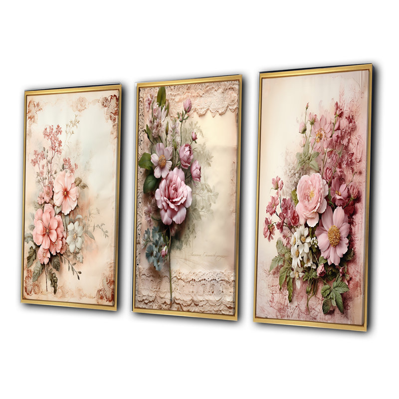 "Bouquet de roses roses en fleurs" - 3 pièces sur toile, H 20 po x l 36 po, Cadre flottant doré