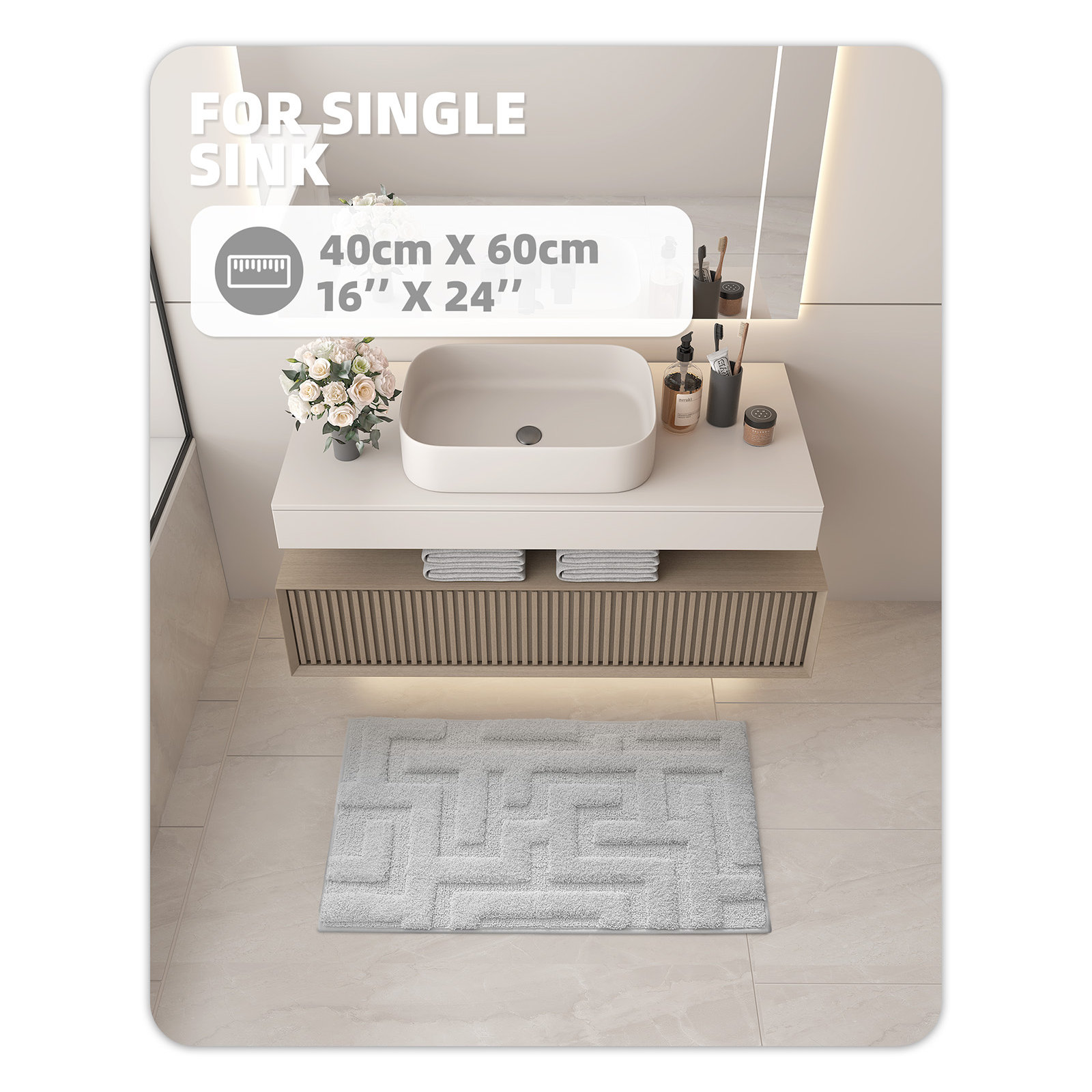 Non-Slip Bath Rug, 16" L x 24" W, Gray