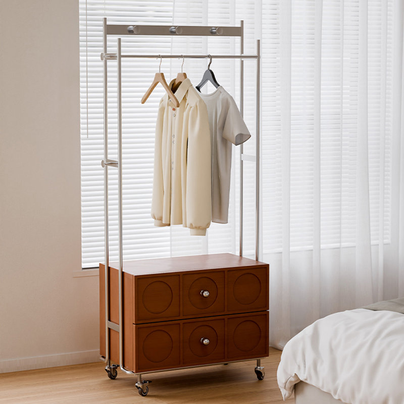 Solid Wood Coat Rack with Double Storage Drawers, Brown