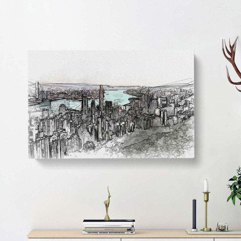Hong Kong Skyline in Abstract - Wrapped Canvas Drawing - Wrapped Canvas, 40cm H x 60cm W x 3cm D
