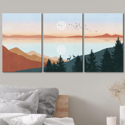 «Pastel Sunset Horizon Mountain», impression sur toile 3 pièces