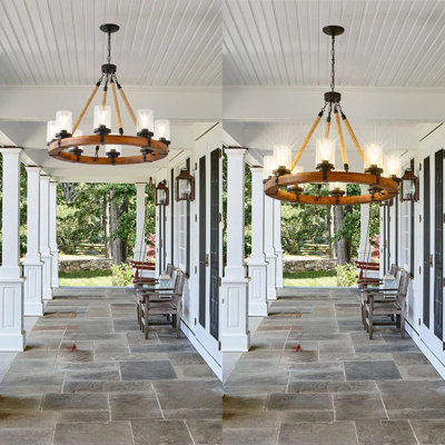 Rustic Wagon Wheel Chandelier With Seeded Glass Shades, Adjustable Hemp Rope Design For Farmhouse Living Room, Dining Room, Kitchen Island