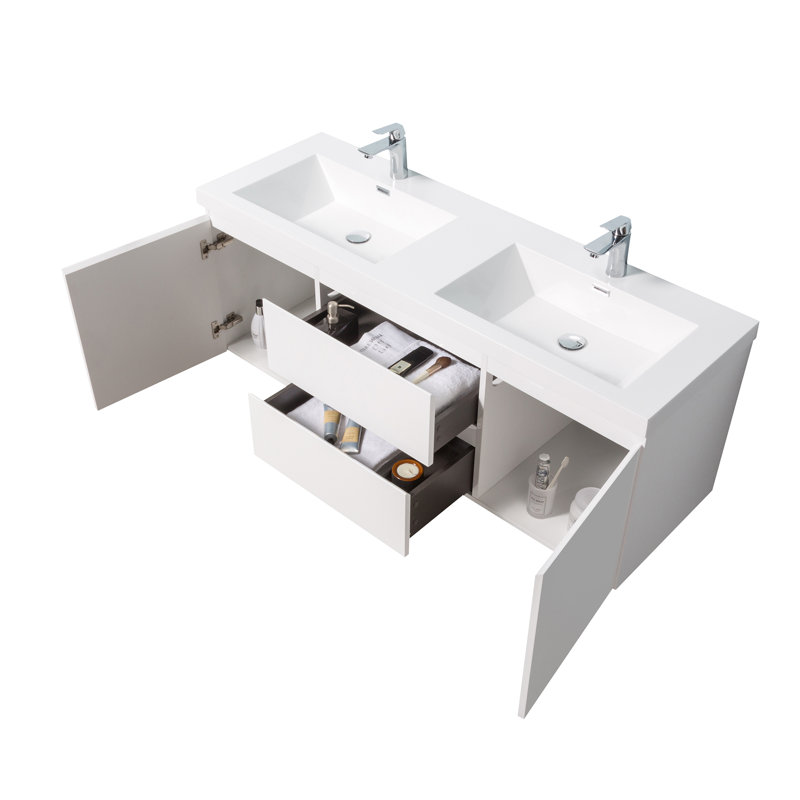 Meuble-lavabo suspendu de 60 po en mélamine de bois avec 2 lavabos intégrés en résine, armoire de salle de bain blanche avec tiroirs et armoires à fermeture douce et poignées supprimées
