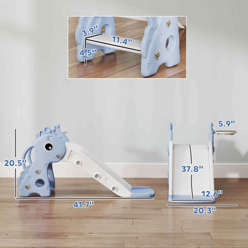 Glissade autoportante avec fonctions de jeu polyvalentes, en 3 étapes, en forme de girafe, anneau inclus et matériau en polypropylène, surface antidérapante, mains courantes latérales pour plus de stabilité, 1 an, couleur bleu / blanc
