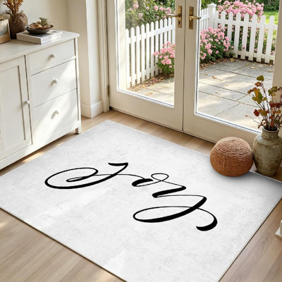 White Machine Washable,Joy Phrase Ink Modern Brush Indoor Area Rug