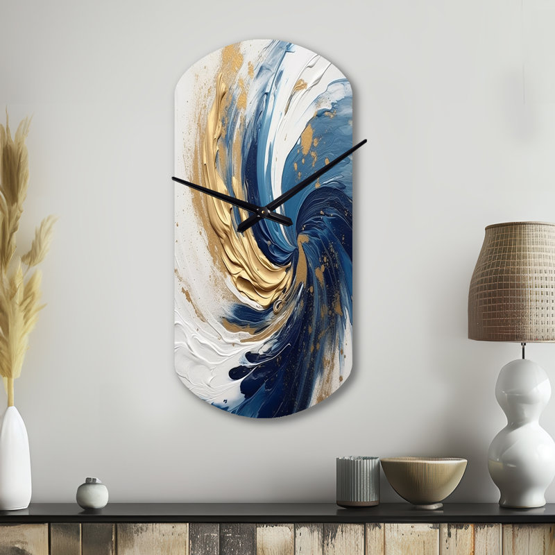 Horloge murale asymétrique en métal bleu foncé et or avec spirale abstraite Spirals IV, Grand
