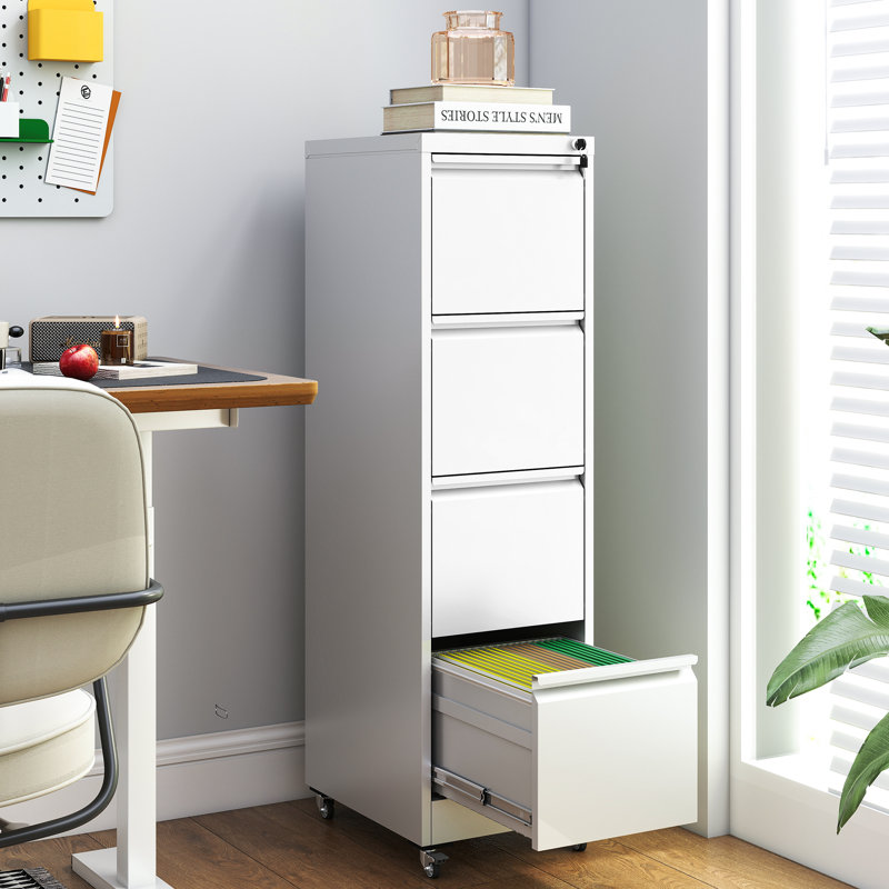 Makeace 15.2"W 4-Drawer Locking Metal Vertical Filing Cabinets with Rolling Casters, White, Yes