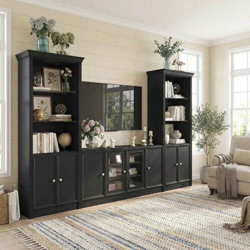 128.2" W Wall Unit Entertainment Center TV Stand With Bookshelves For Tvs Up To 80",, Black