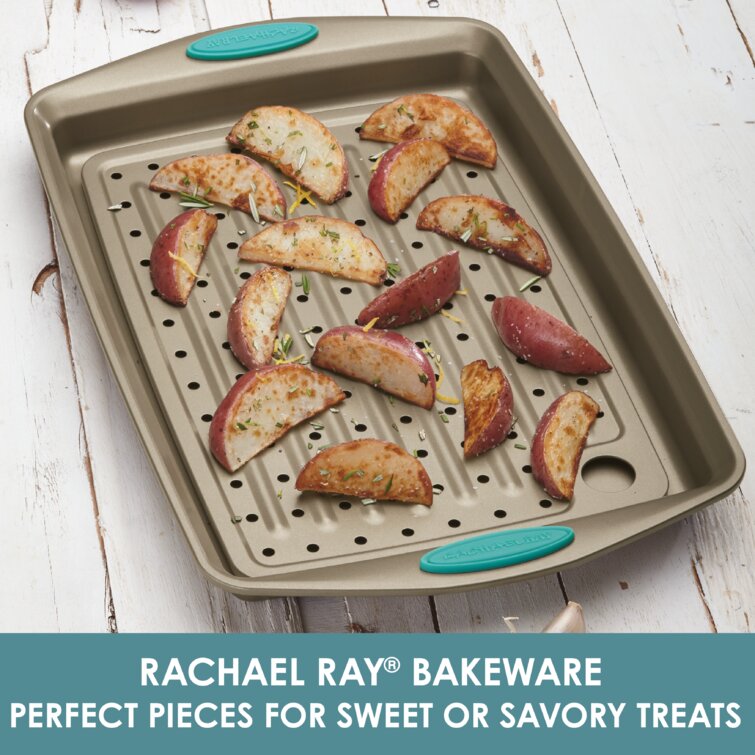Rachael Ray Cucina Nonstick Bakeware Baking Pan/Cookie Sheet, 11 x 17,  Latte Brown, Agave Blue Handle Grips 
