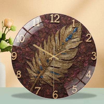 Clock Face With Golden Feather Art - 12'' Modern Glass Wall Clock