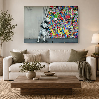 Banksy Style Open Curtain Kid Graffiti Artwork, Old World to New Era Urban Street Art, Colorful Large Wrapped Canvas Wall Print