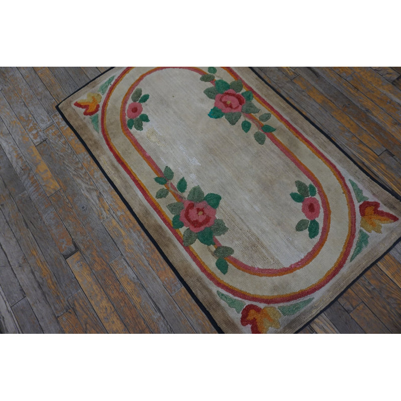 Antique Floral Oval Inlay Pattern American Hooked Rug