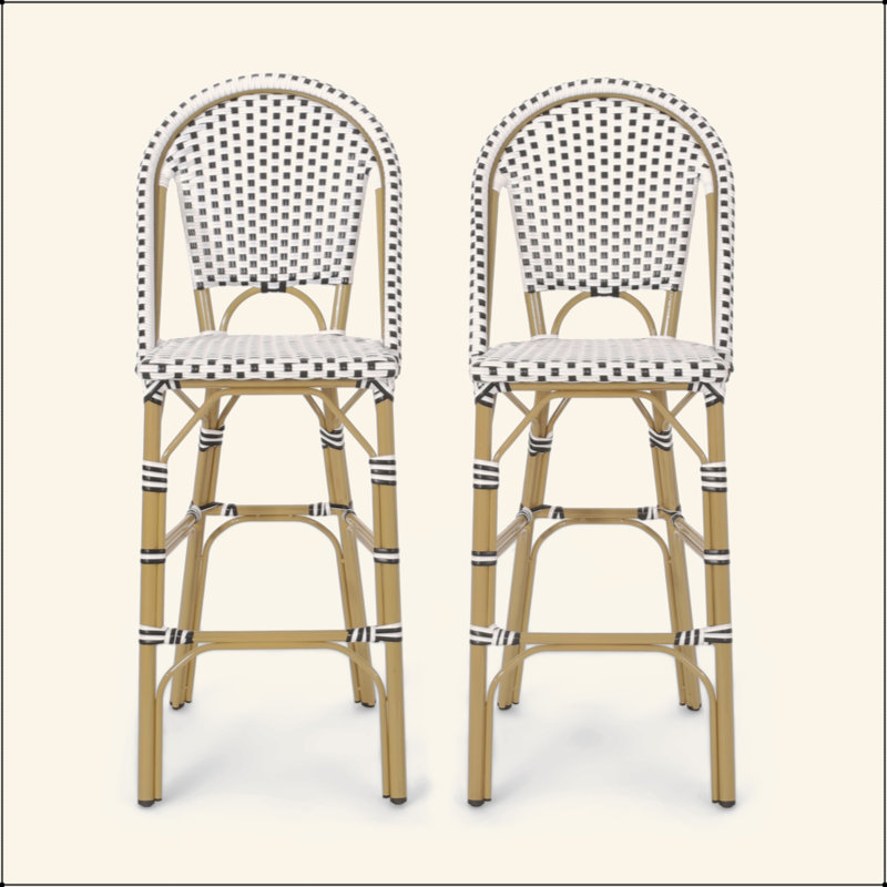 Tabouret de bar d'extérieur français en rotin de 29,5 po avec structure en aluminium et finition bambou (ensemble de 2)