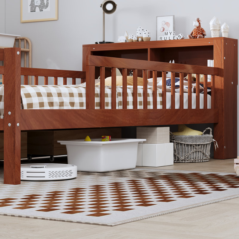  Twin Bed with Headboard Storage Rack, Under-Bed Storage and Three-Side Guardrails, Walnut, Brown
