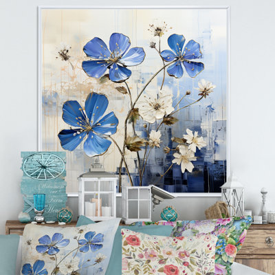 Minimalisme, géraniums bleus et blancs sur toile