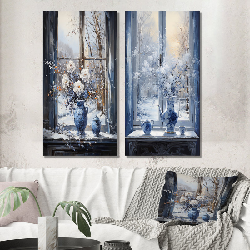 «White Winter Blue Window Still Life II - Winter Landscape», ensemble de 2 reproductions d'art sur toile, Toile tendue