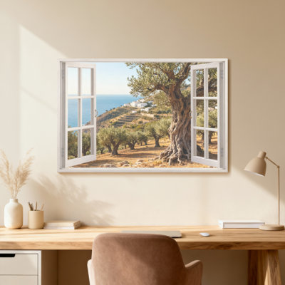 Paysage et nature à fenêtre ouverte avec vue sur la mer et oliveraie