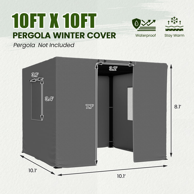 10Ft X 10Ft Pergola Winter Cover,  All-Season Pergola Accessory, Outdoor Pergola Cover With Sidewalls And Mesh Windows, Waterproof Enclosure For Weather Protection, Fits Most Pergola Sizes