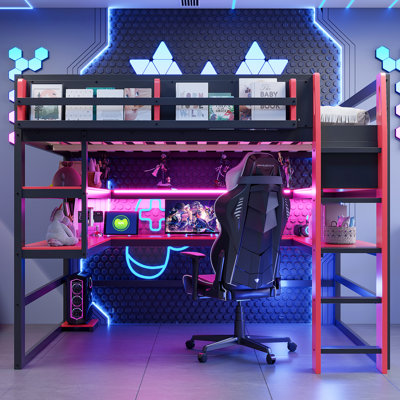 Lit mezzanine pour enfants avec bureau de jeu, poste de travail compact, bois, bureau en U avec tablettes RVB, moderne et contemporain, chambre d'enfant