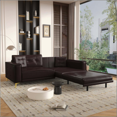 King Size Pull Out Sofa Bed,3-in-1 Faux Leather Convertible Sleeper Sofa with Ultra Wide Armrests,Tufted Modern Sofa,4-Seater Couch with 2 Pillows for Living Room