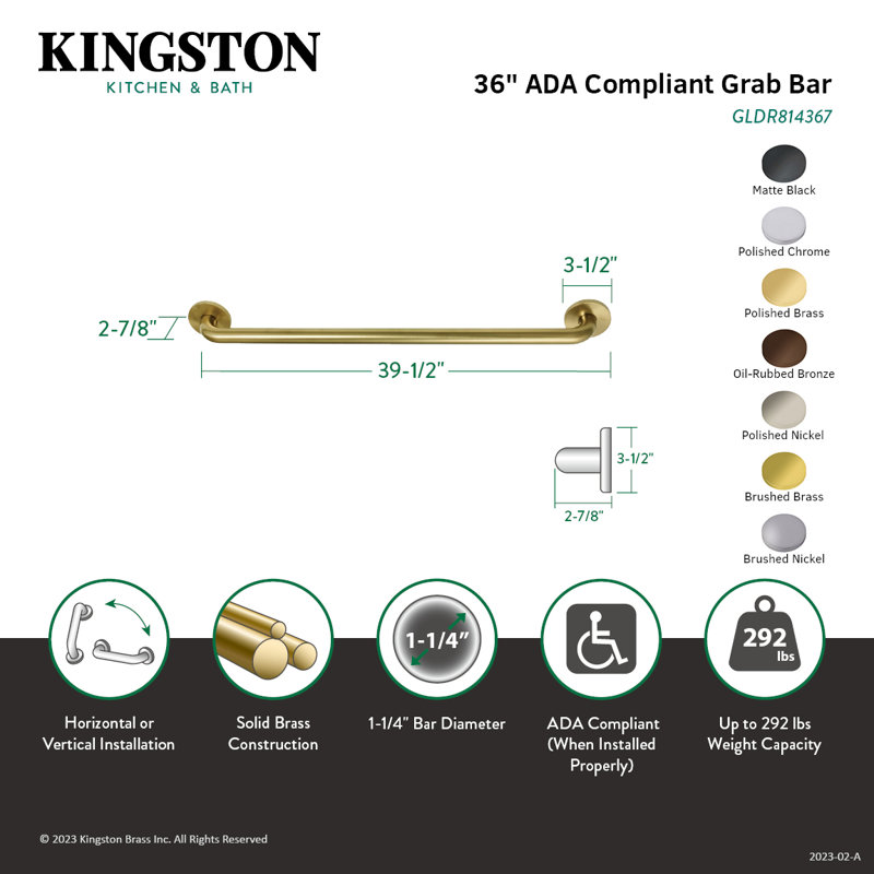 Kingston Brass Silver Sage 1-1/4 Inch O.D Grab Bar, 36" W, Polished Nickel