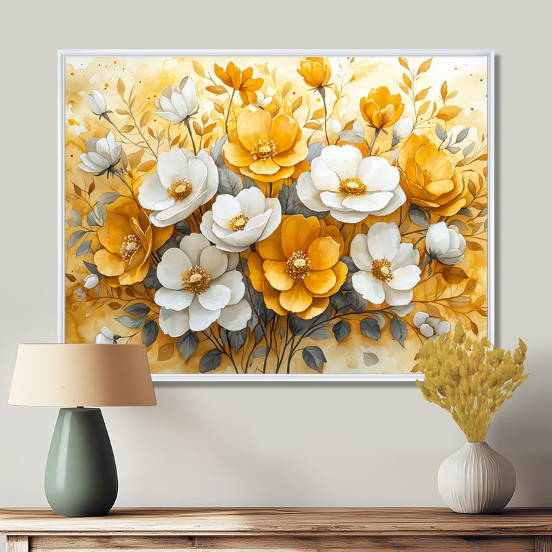 Harmonie dorée de fleurs fuschia - Art mural fuchsia pour le salon, H 24 po x l 32 po, Avec cadre, Blanc