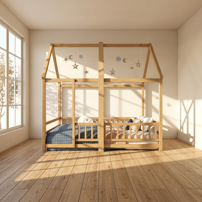 Lit de sol en bois de pin massif avec cadre de maison et garde-corps de sécurité Montessori l 60 po x P 77 po x H 74 po