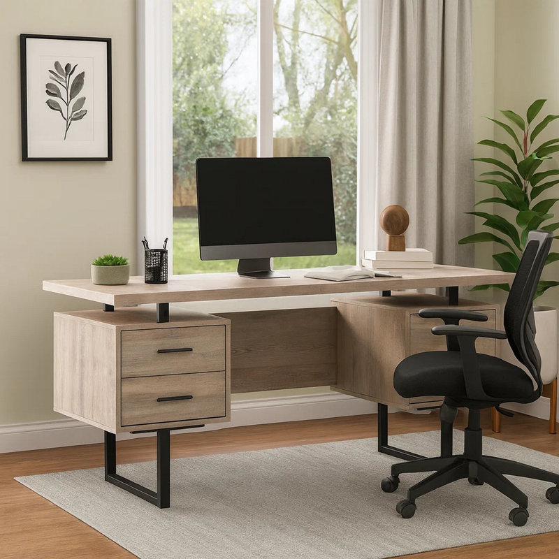 Bansilal Computer Desk, Home Office, Laptop, Left, Right Set-Up, Storage Drawers, 60"L, Metal, Laminate, Taupe/Black