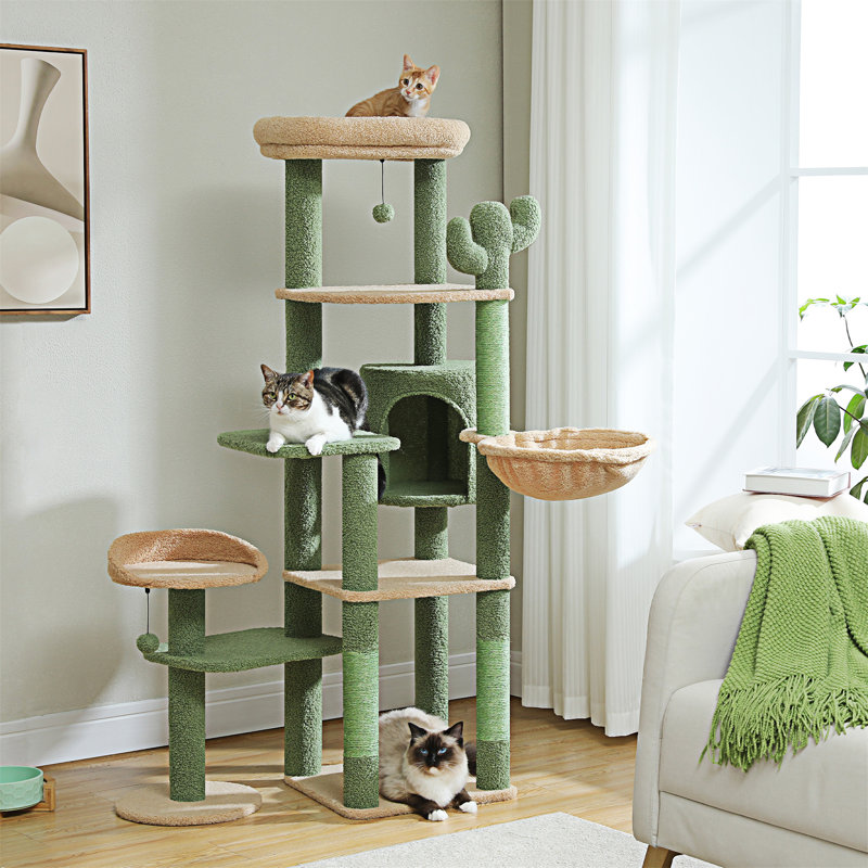59" Green and Beige Sisal Cactus Cat Tree Tower with Hammock and Perches