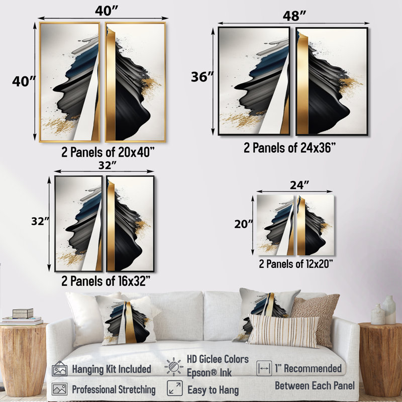 Décoration murale cubique noire et dorée Expression VII - grand cubisme abstrait 2 pièces, Black, 36" H x 48" W