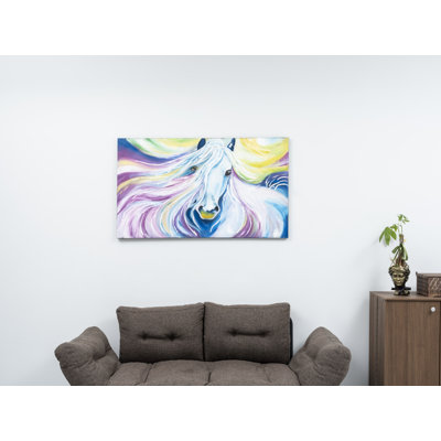 Art mural moderne licorne 27 po x 47 po en acrylique peint à la main pour salon chambre à coucher