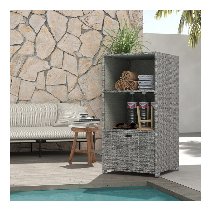 Outsunny Valet Pool Towel Rack, Waterproof PE Plastic Rattan Wicker Storage Organizer, Indoor Outdoor Spa, And Hot Tub Accessory Storage, 2 Shelves, 1 Basket Drawer