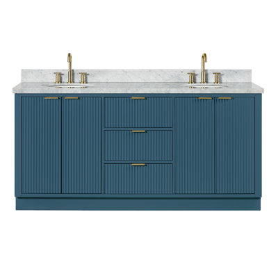 Meuble-lavabo double en bois massif 72 po avec plateau en marbre de Carrare Haun 72 po