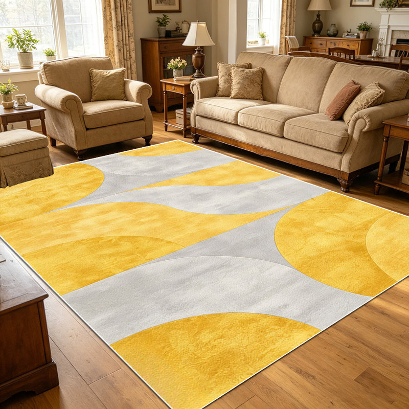 1PC Yellow & Gray Curved Geometric Abstract area rugs for Living Room, Soft and Comfortable, Suitable for all seasons, easy-to-maintain, machine washable Indoor floor mat, Under Table Farmhouse suitable for dining room, bedroom, entryway, kitchen,