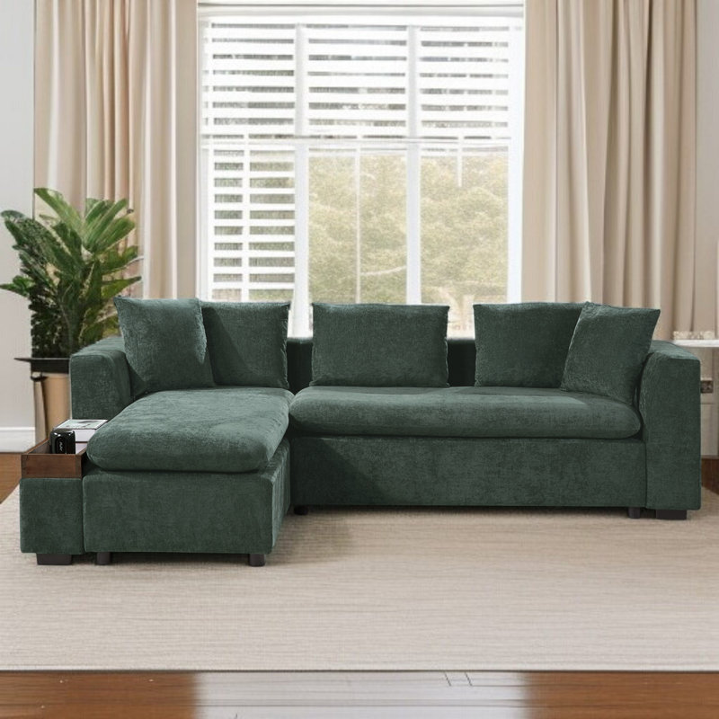 Trace L-Shaped Chenille Sectional Sofa with Storage & Pillows, Green Chenille
