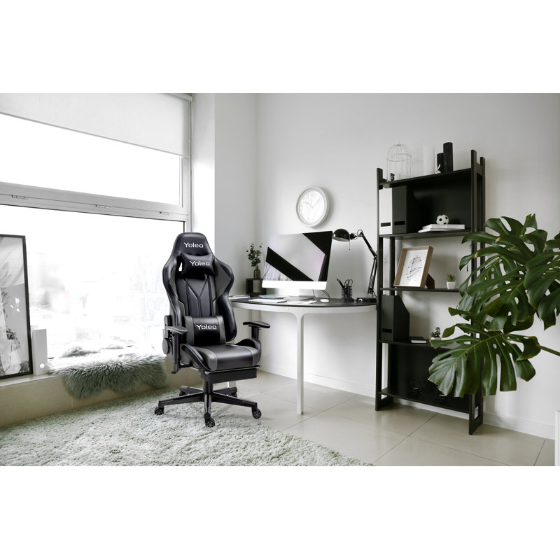 Blue Elephant Adjustable Reclining Faux Leather Swiveling PC & Racing Game Chair with Footrest, Black/Grey
