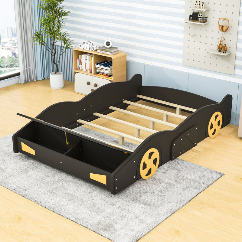 Lit plateforme double avec rangement, garde-corps et pieds centraux, conception en forme de voiture de course, Noir / jaune