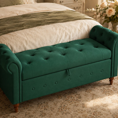 Banc de rangement rembourré de 63 po avec accoudoirs roulés Velnora, banc repose-pieds capitonné avec grand compartiment de rangement, pieds en bois massif, banc de chambre à coucher pour le salon, l'entrée, le couloir